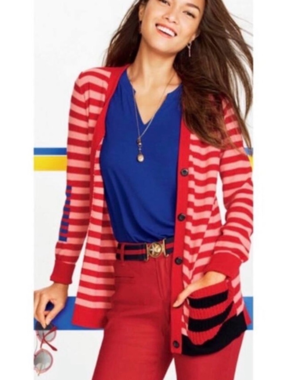 Cabi Women's Picnic Cardigan Summer Stripe Pink Red  Style 5446 Size Large